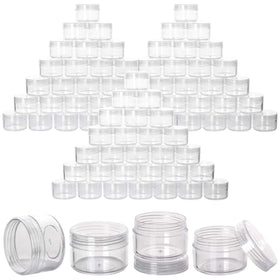 BTYMS 100-count refillable 15g clear jars, ideal for travel and compact storage.