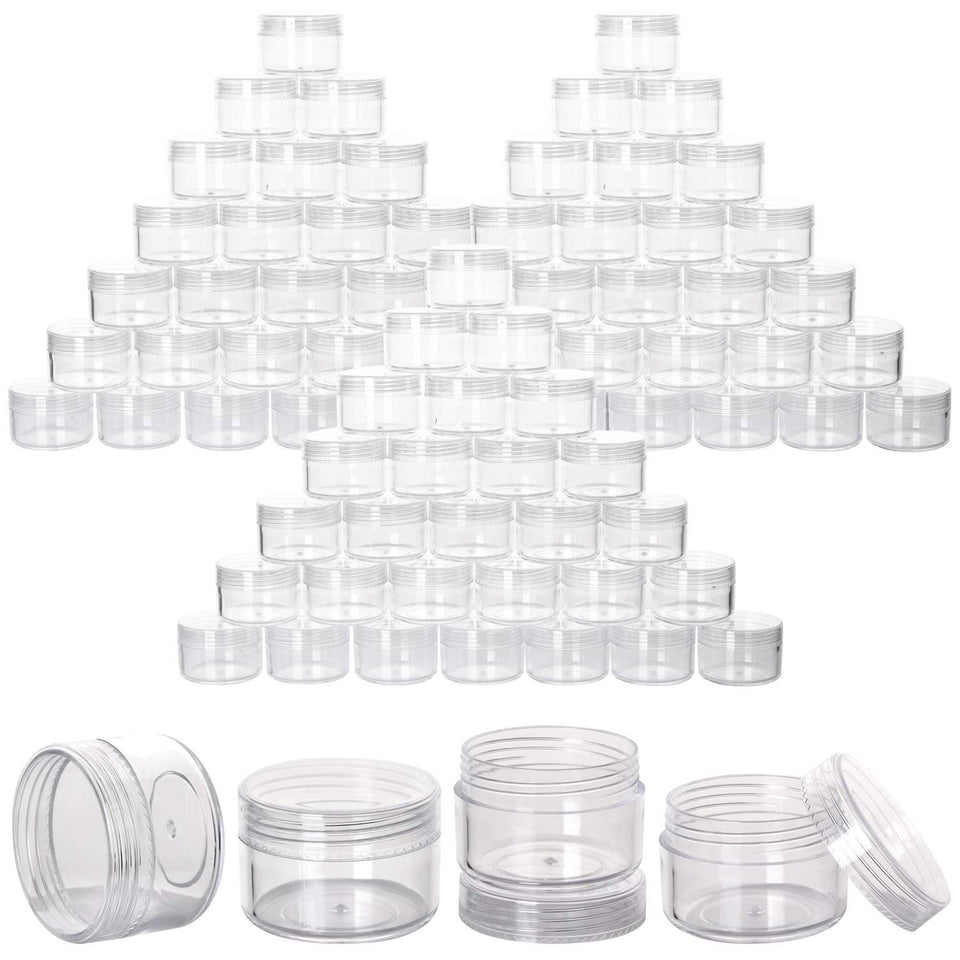 BTYMS 100-count refillable 15g clear jars, ideal for travel and compact storage.