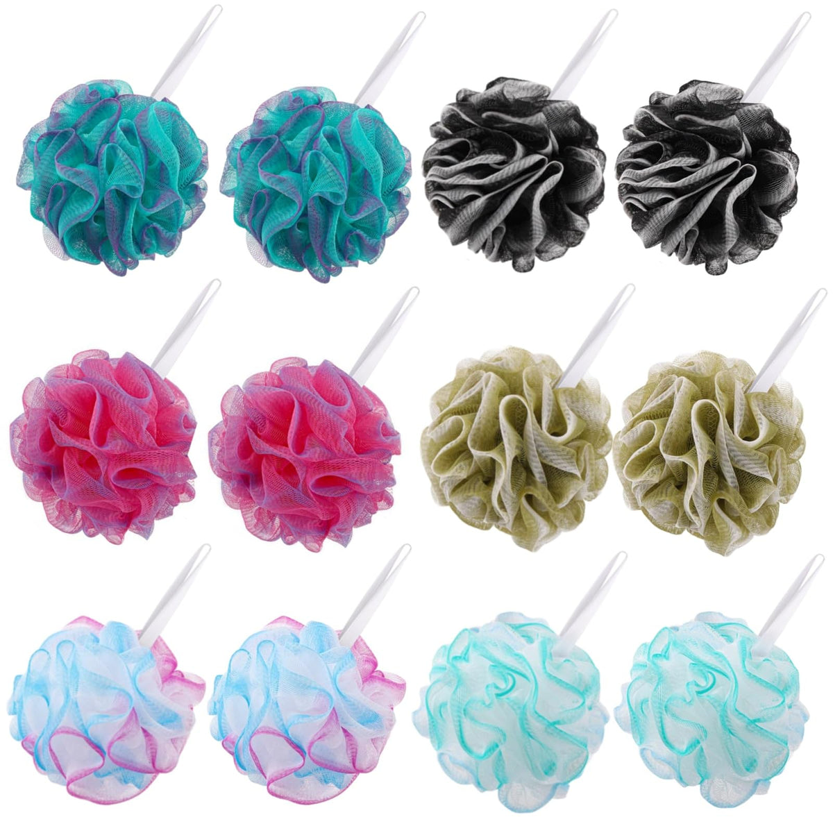 BTYMS 12-pack mini loofahs in packaging show compact travel size