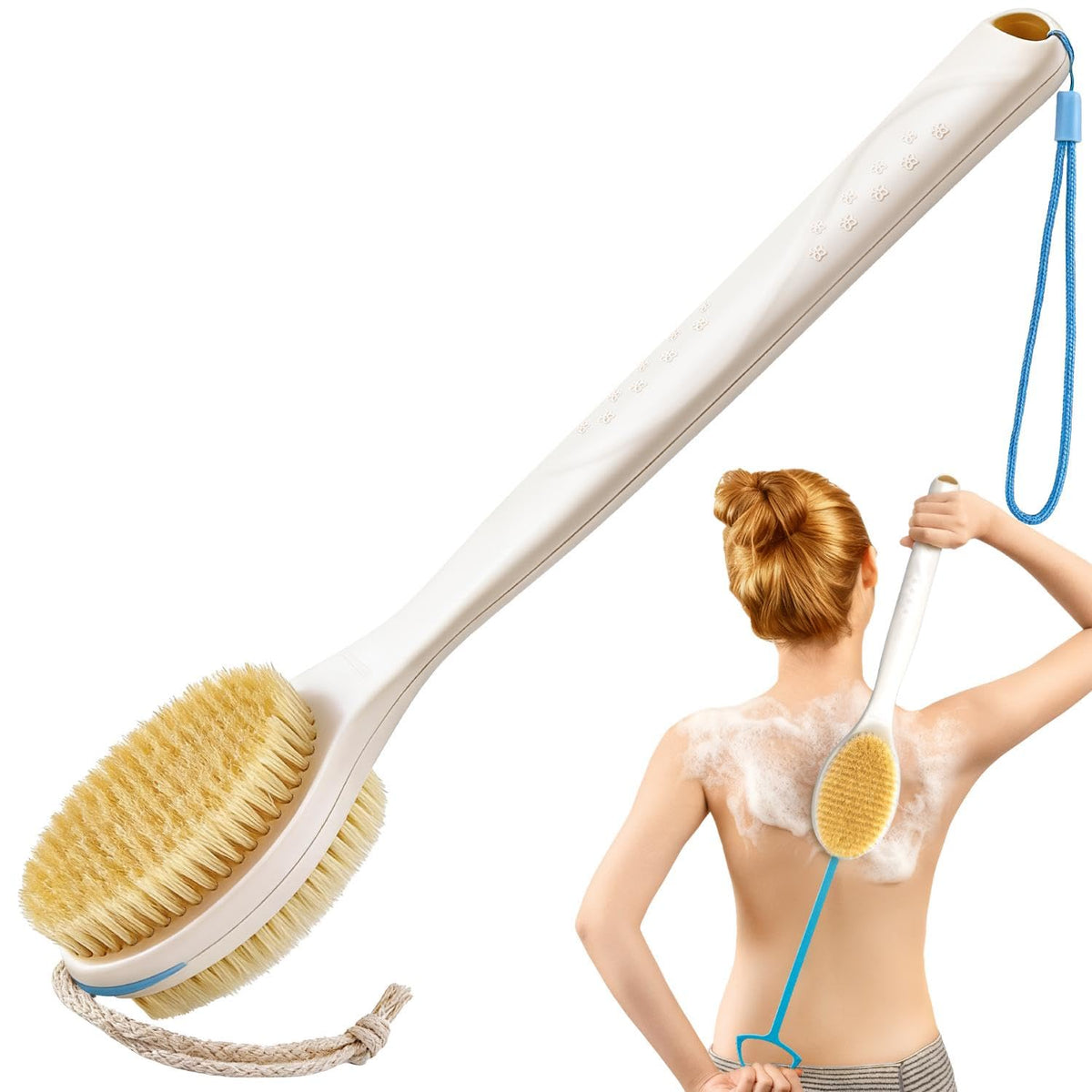 BUBBLEDANCE back scrubber with extendable handle for easier reach and deep cleaning.