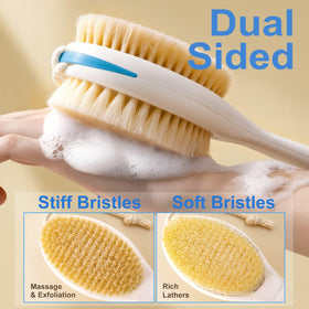 BUBBLEDANCE dual bristle exfoliating side delivering invigorating back cleansing.