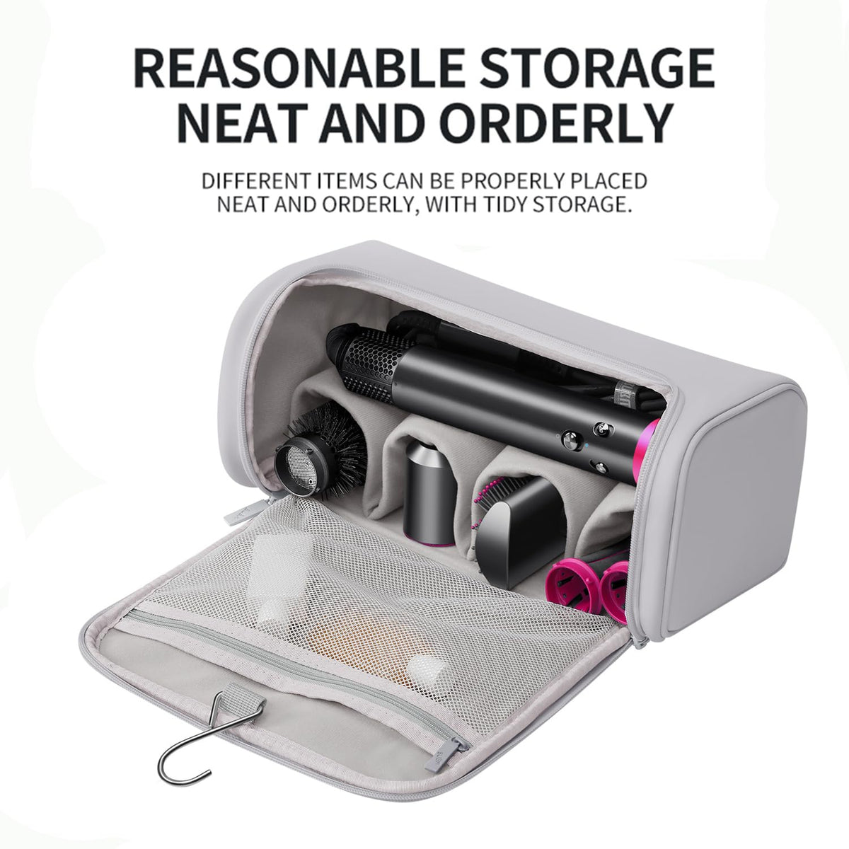 BUBM travel case hanging hook enables convenient placement on the go.