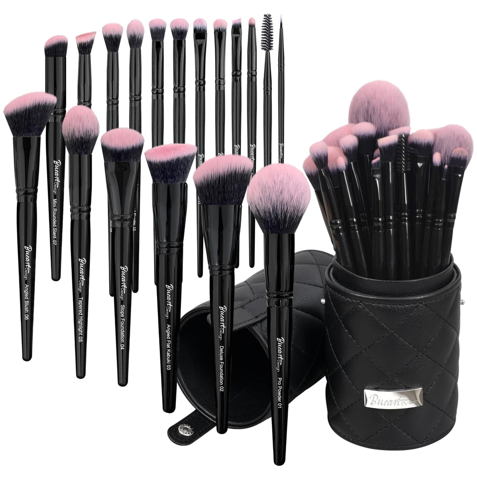 Bueart Design 18Pcs Pro Deluxe makeup brushes set in vibrant fuchsia and black for versatile looks