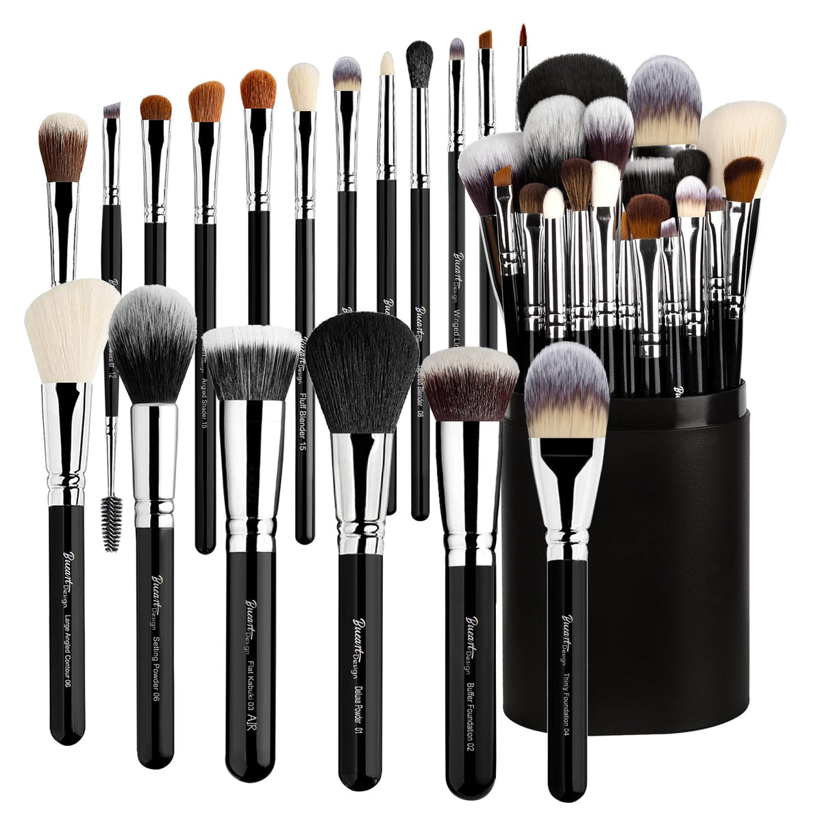 Bueart Design 19-piece brush set with holder case for organized makeup applications.