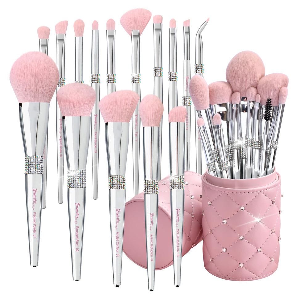 Bueart Design pink brush holder with lid keeps brushes organized and protected.