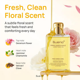 Bueno+ Paris Queen Carrot Oil shows glow on skin after use.