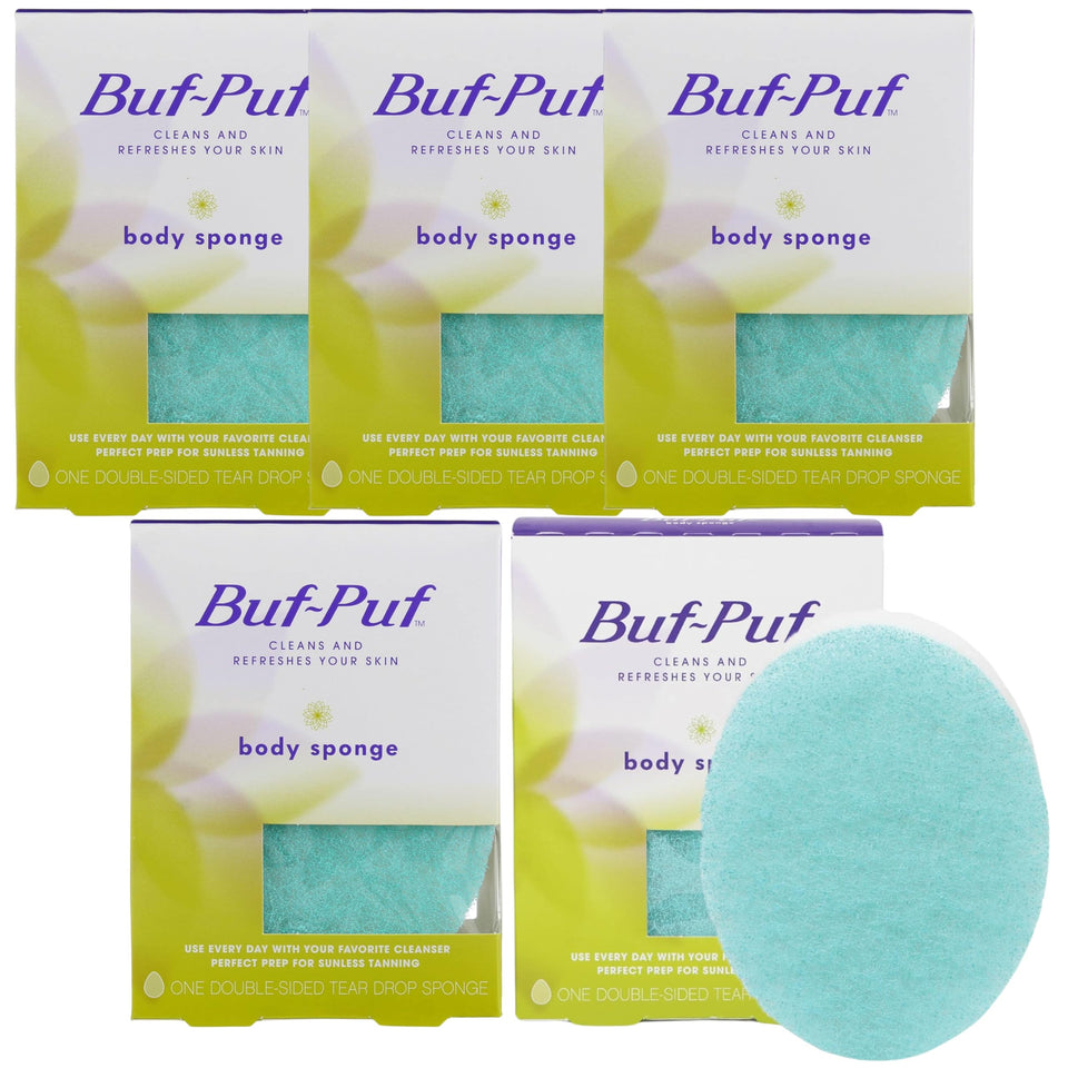Buf-Puf body sponge close-up shows its soft texture for gentle cleansing.