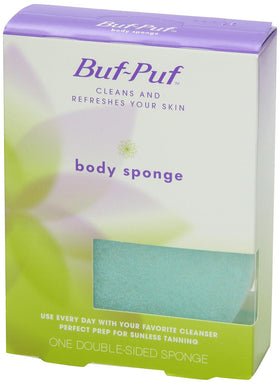 Buf-Puf face and body sponge in bathroom setup for daily cleansing.