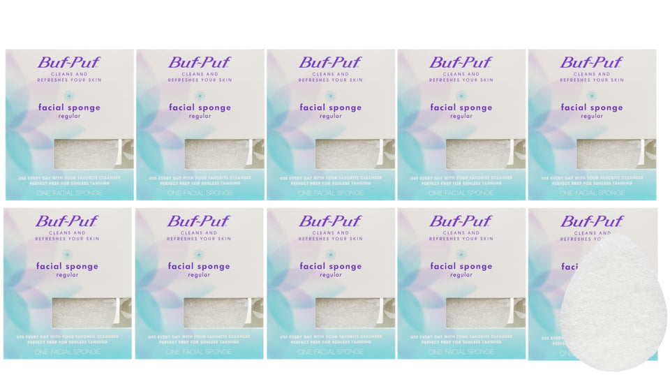 Buf-Puf facial sponge packaging highlights a reusable cleansing tool for daily skincare.