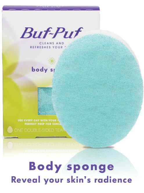 Buf-Puf sponge in hand demonstrates exfoliating scrubbing action.