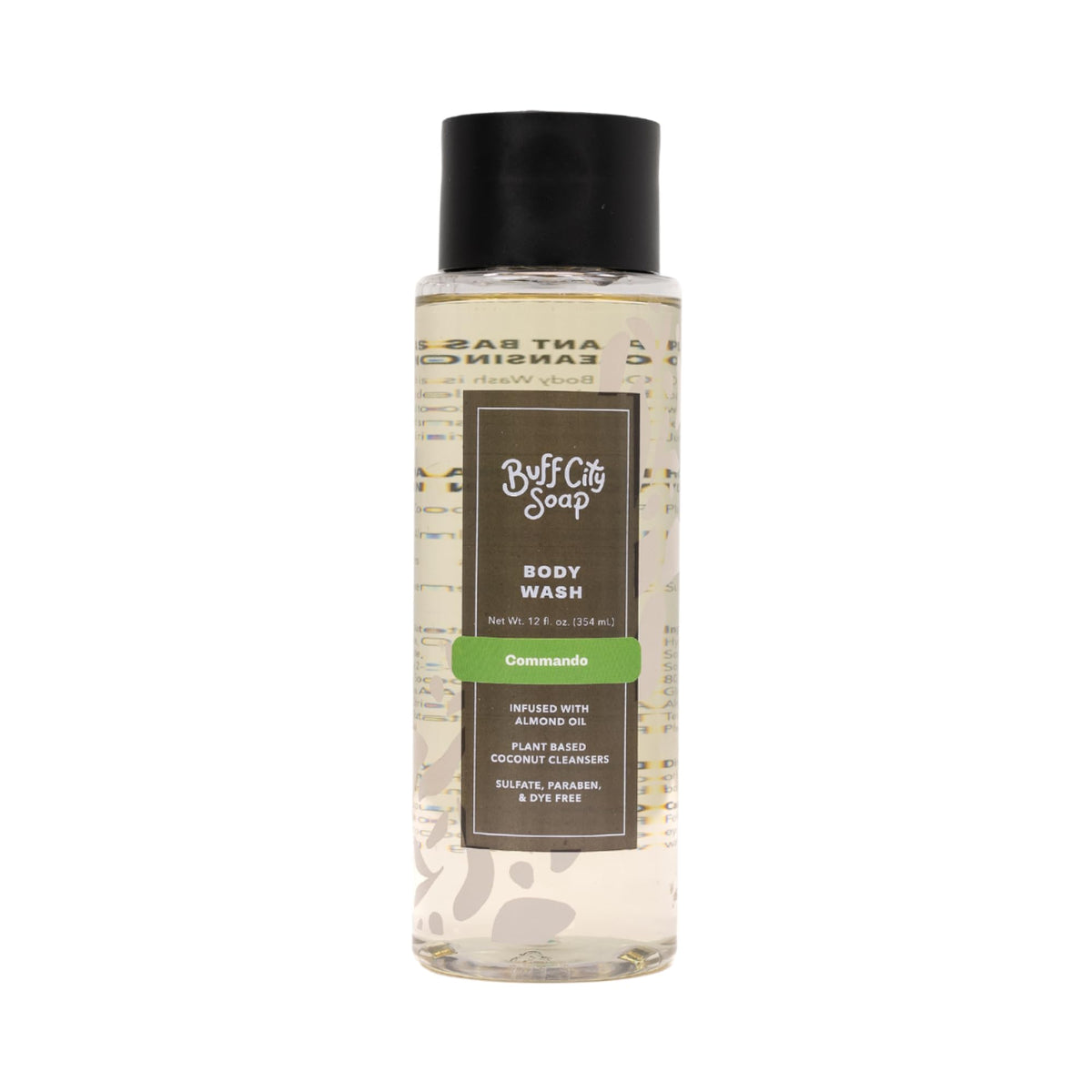 Buff City Soap Commando body wash bottle displaying plant-based cleansing