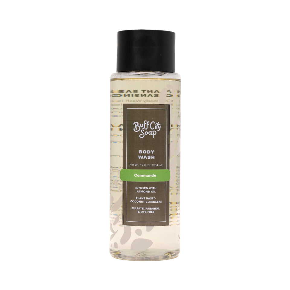 Buff City Soap Commando body wash bottle displaying plant-based cleansing