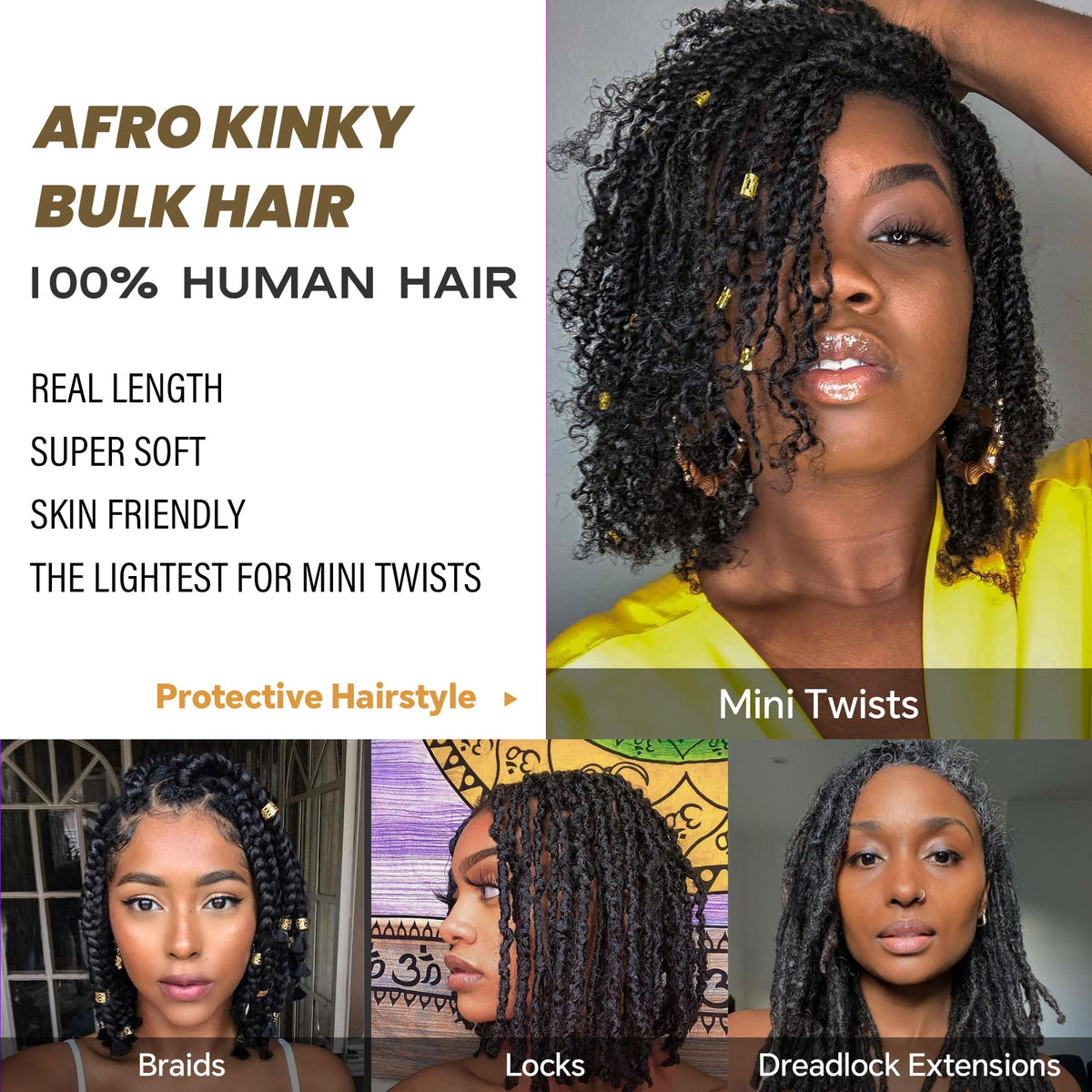 Builson Afro Kinky Bulk natural 1B shade with true-to-length softness.