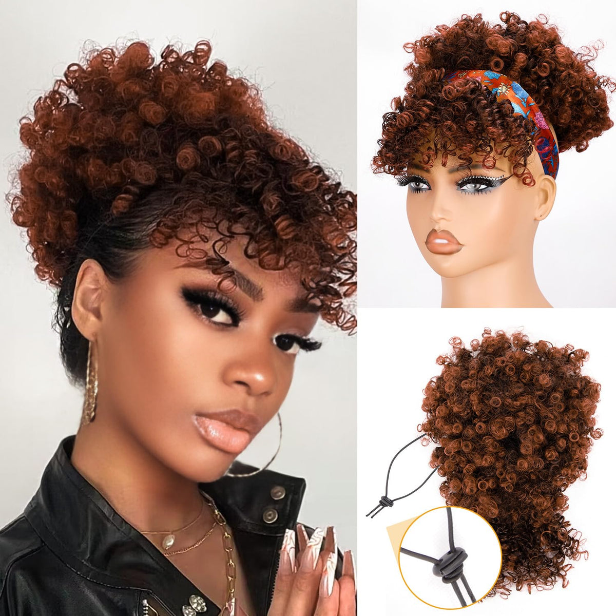 Builson drawstring ponytail with bangs for a versatile updo and natural-looking volume.