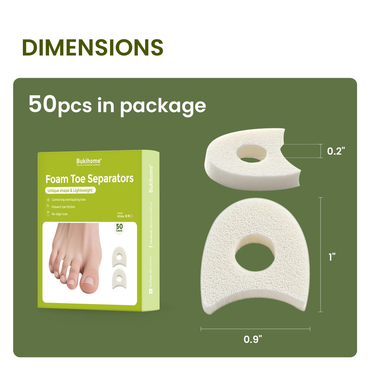 Bukihome soft foam spacers between toes for secure alignment.