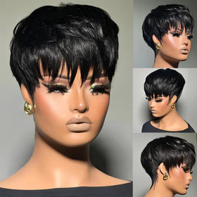 Bulapla pixie cut wig side view, lightweight and easy to style.