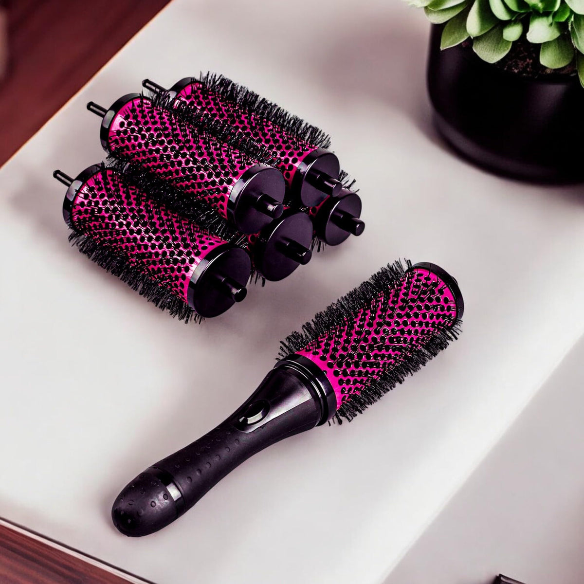 BuleVina click-and-curl styling brush in use during blow-drying sessions