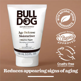 Bulldog Age Defense Moisturizer pack label closeup emphasizing vegan and cruelty-free credentials.