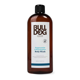 Bulldog body wash bottle with peppermint highlights for a refreshing after-workout cleanse