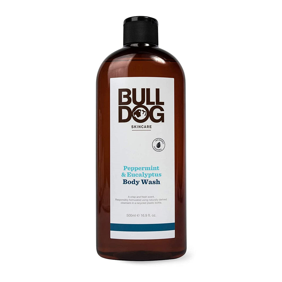 Bulldog body wash bottle with peppermint highlights for a refreshing after-workout cleanse