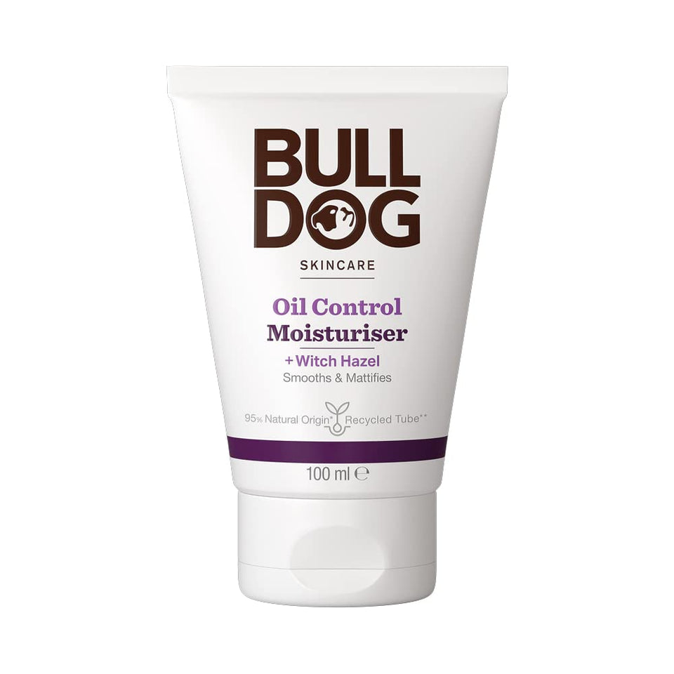 Bulldog Oil Control Moisturizer tube in focus, lightweight hydration for oily skin.