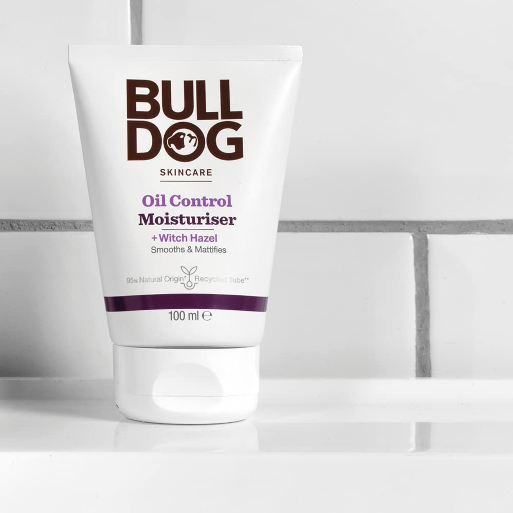 Bulldog Oil Control Moisturizer vegan packaging signals plant-based formula.