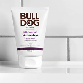 Bulldog Oil Control Moisturizer vegan packaging signals plant-based formula.