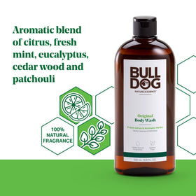 Bulldog Original bottle back shows sustainable packaging and natural fragrance.