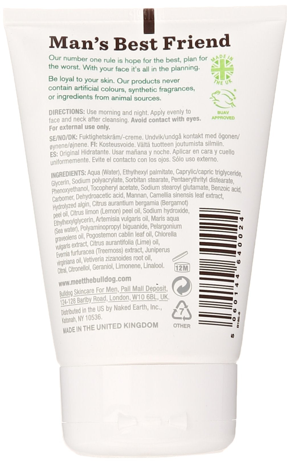 Bulldog Original Moisturizer ingredients label shows a clean, paraben-free formula.