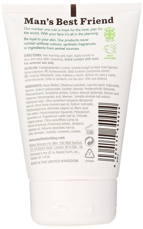 Bulldog Original Moisturizer ingredients label shows a clean, paraben-free formula.