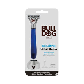 Bulldog Sensitive Glass Razor handle featuring recycled glass for an eco-friendly grip.
