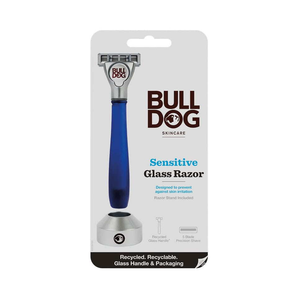 Bulldog Sensitive Glass Razor handle featuring recycled glass for an eco-friendly grip.