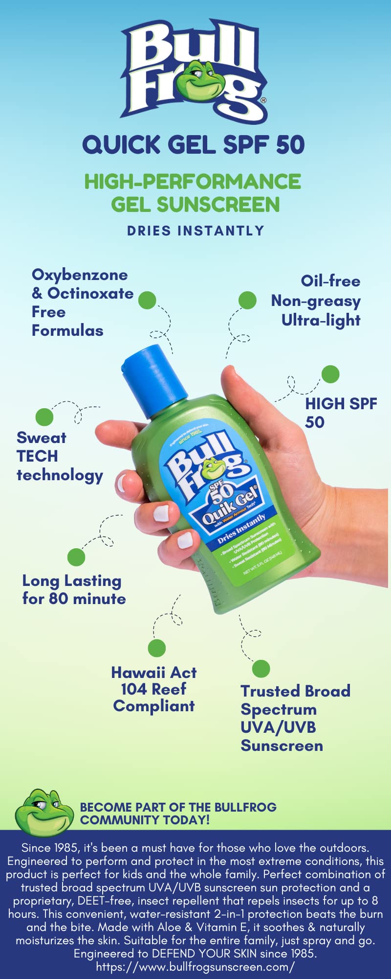 Bullfrog Quik Gel Sunscreen reef-friendly formula with antioxidants.