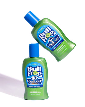 Bullfrog Quik Gel Sunscreen texture close-up shows oil-free, non-greasy feel.