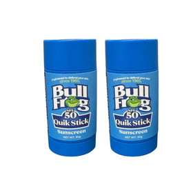 Bullfrog Quik Stick Sunscreen packaging highlights SPF 50 and reef-safe protection.