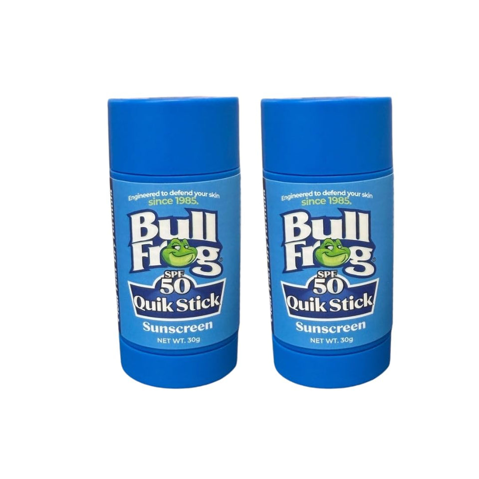 Bullfrog Quik Stick Sunscreen packaging highlights SPF 50 and reef-safe protection.