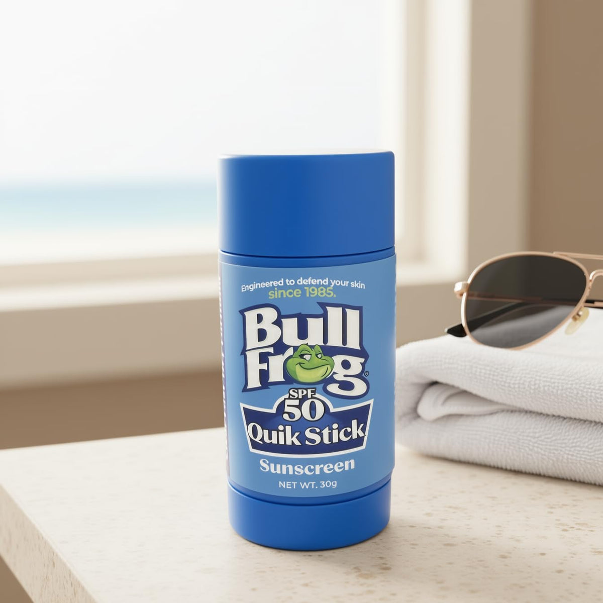 Bullfrog Quik Stick Sunscreen waterproof application demonstrating 80-minute water resistance.