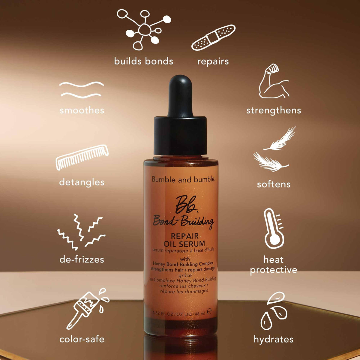 Bumble and bumble bottle on bathroom shelf highlights color-safe formula benefits.