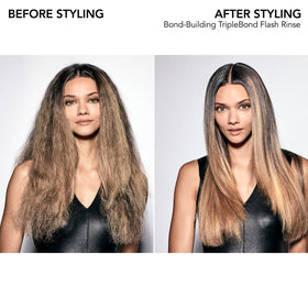 Bumble and bumble Bond-Building TripleBond bottle angled highlights shine benefits.