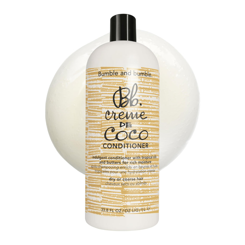 Bumble and bumble Creme De Coco conditioner bottle front highlighting rich moisture for dry hair