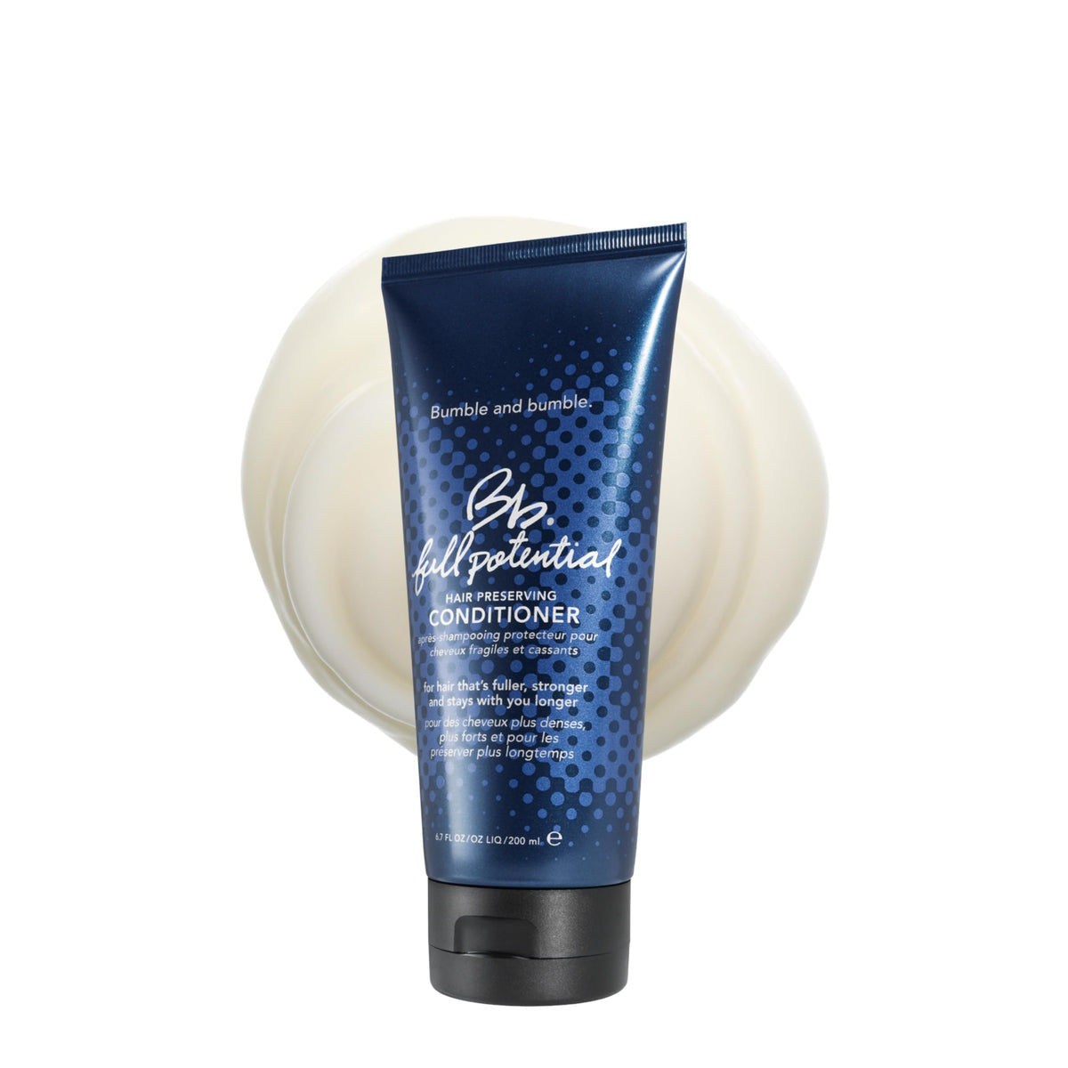 Bumble and bumble Full Potential Conditioner bottle on white background signaling stronger, fuller hair