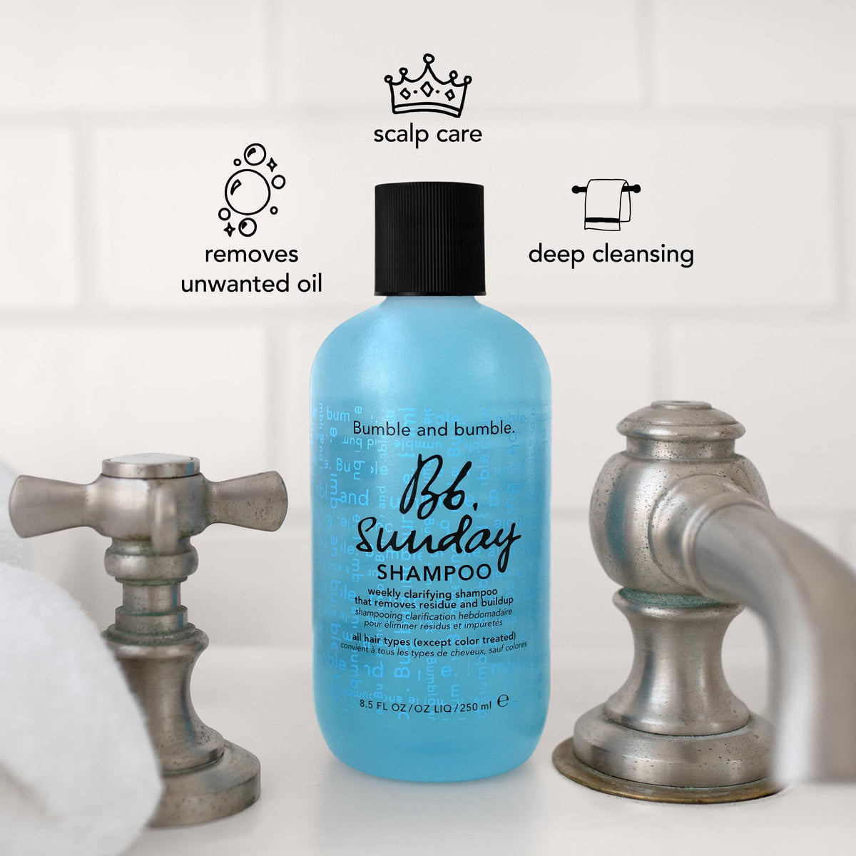 Product scene of Sunday clarifying shampoo in bathroom setting for weekly use