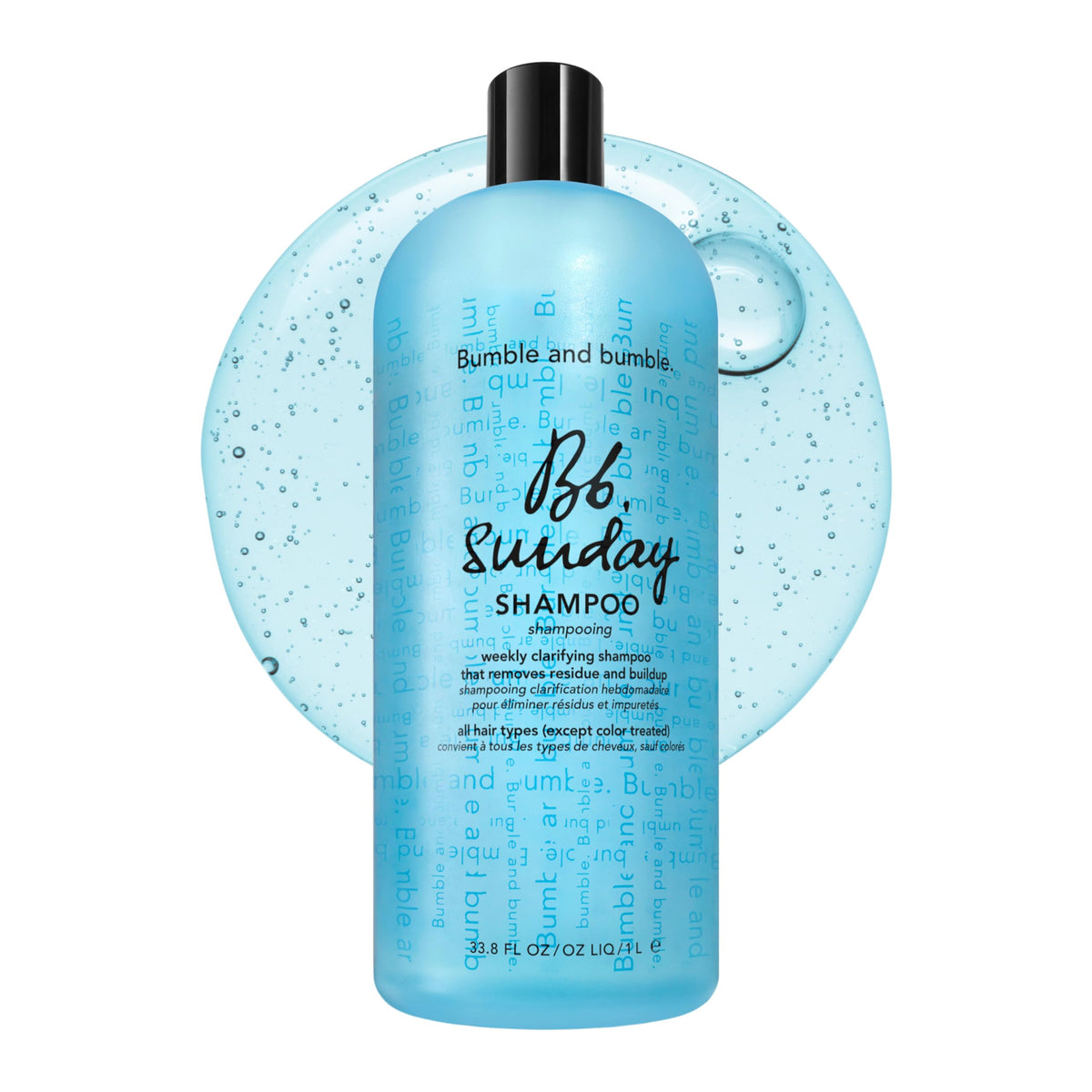 Bumble and bumble Sunday weekly clarifying shampoo bottle shows deep cleansing for residue removal