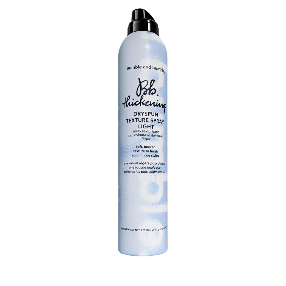 Bumble and bumble Thickening Dryspun Texture Spray Light bottle showing translucent texture for airy volume.