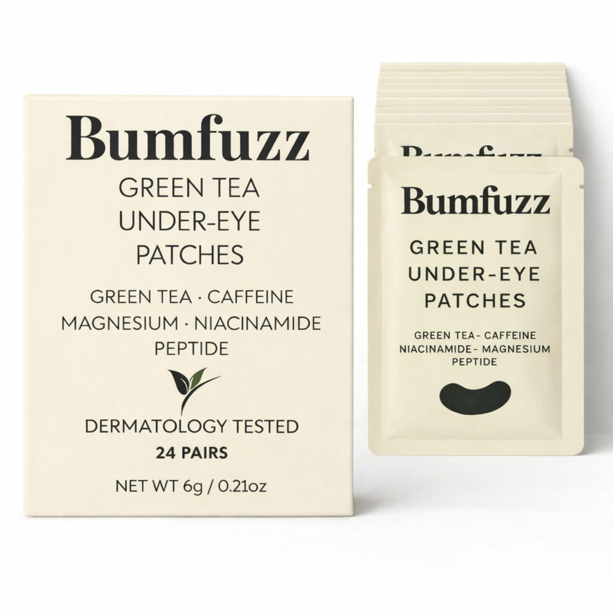 Bumfuzz Green Tea Under-Eye Patches close-up with caffeinated formula for wake-up