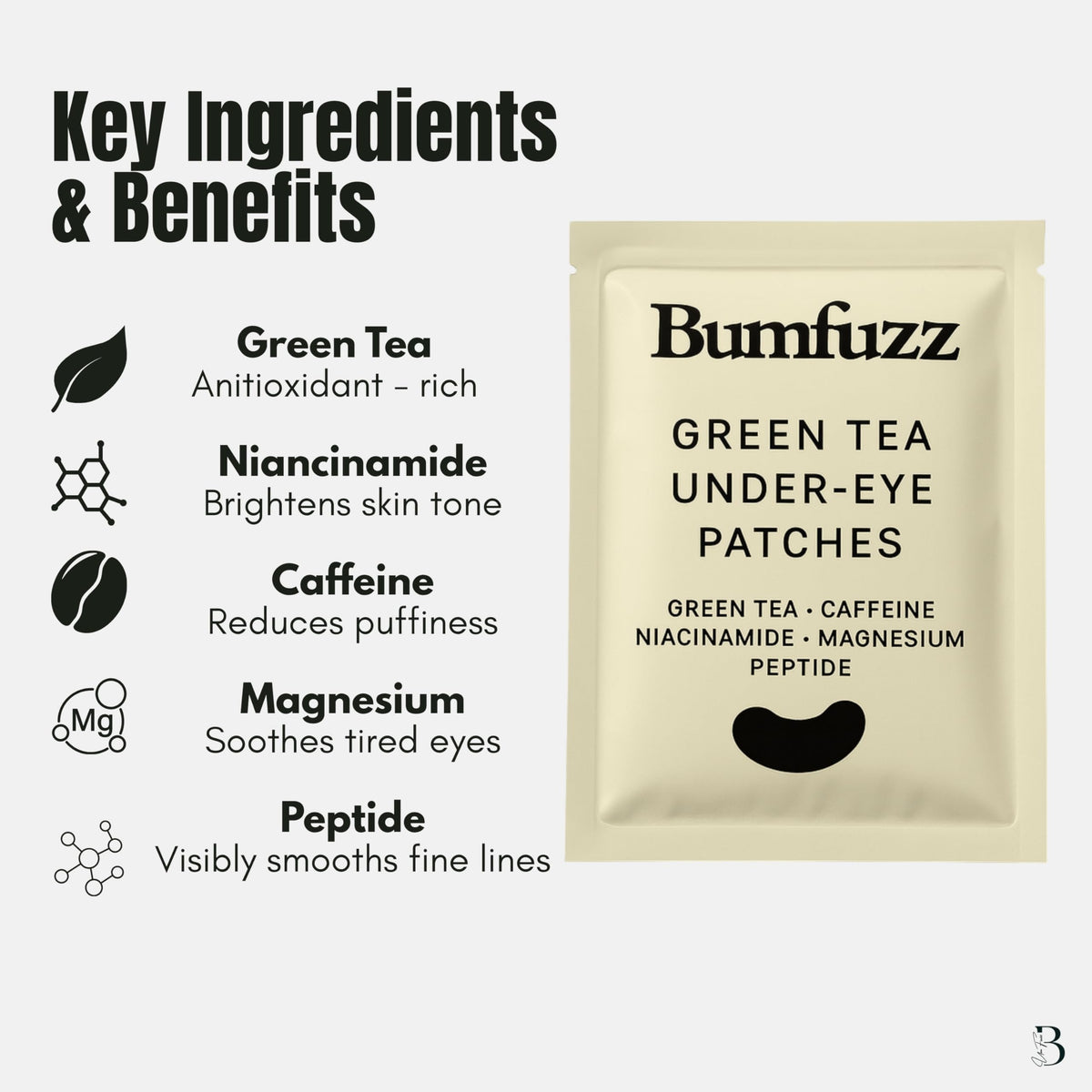 Bumfuzz Green Tea Under-Eye Patches being applied for gentle hydration