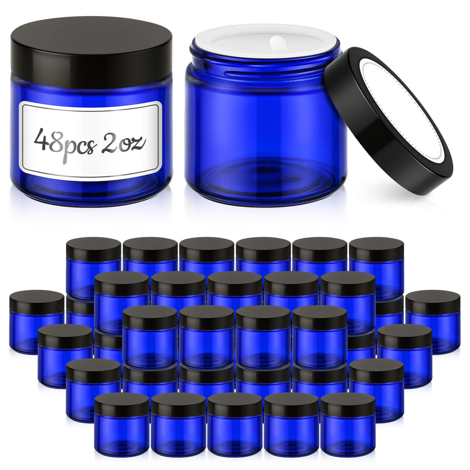 Bumobum 2 oz glass jar blue round with black lid, ideal for DIY creams.