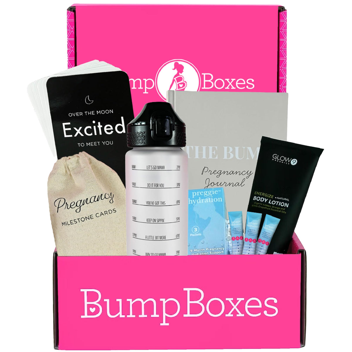 Bump Boxes water bottle in first trimester image shows hydration support for mom-to-be.