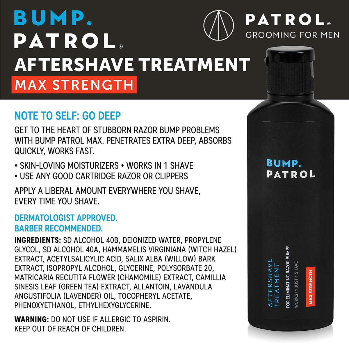 Bump Patrol bottle back showing ingredients and usage tips.