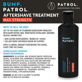 Bump Patrol bottle back showing ingredients and usage tips.